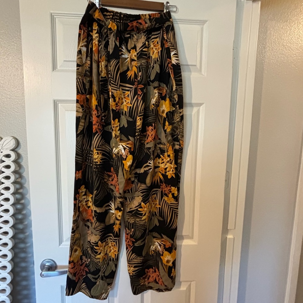 Worthington Palazzo Pants Size Large with Hawaiian Tropical Tie Front Loose Fit